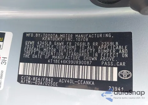 2009 Toyota Camry Le из США, поврежденный, VIN 4T1BE46K99U890087